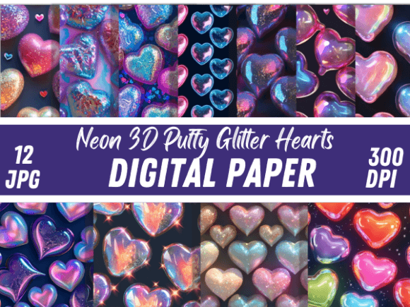 Download Neon 3D Puffy Glitter Hearts Patterns - Neon 3d Collection